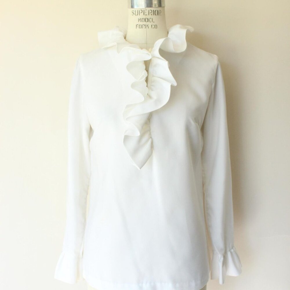 Vintage 1960s Blouse, Teddi of California White Ruffle Collar Top, Zipper Back - Picture 2 of 10